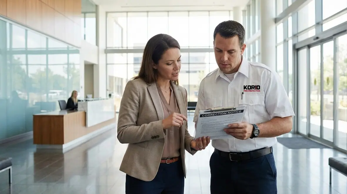 Technician reviewing failed fire inspection report in Los Angeles commercial building