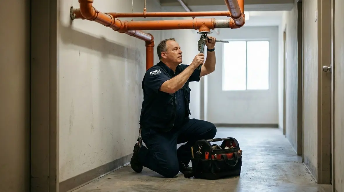 Maintenance team checking commercial fire protection equipment in Los Angeles
