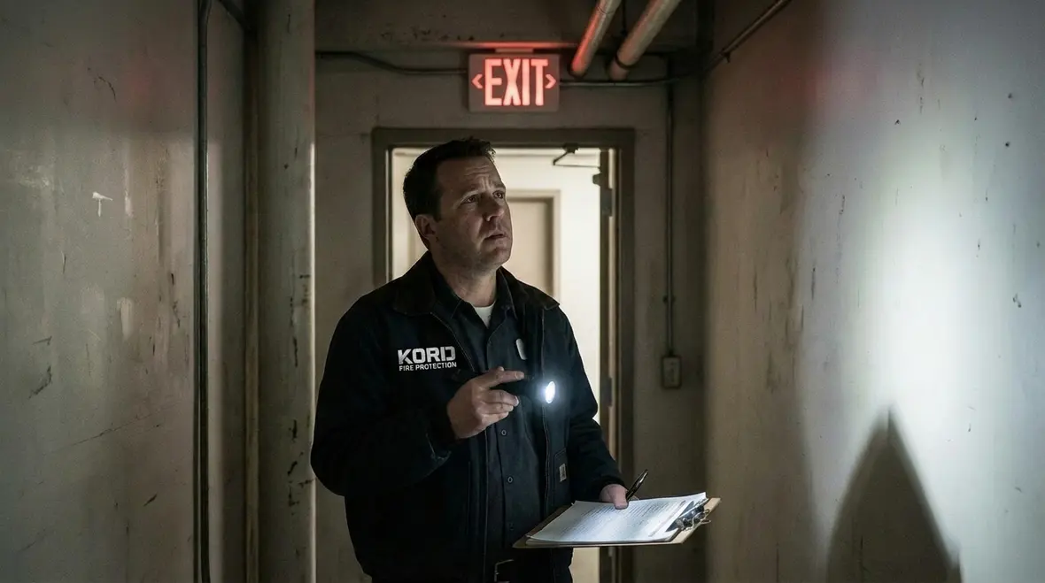 Technician testing emergency exit light during inspection