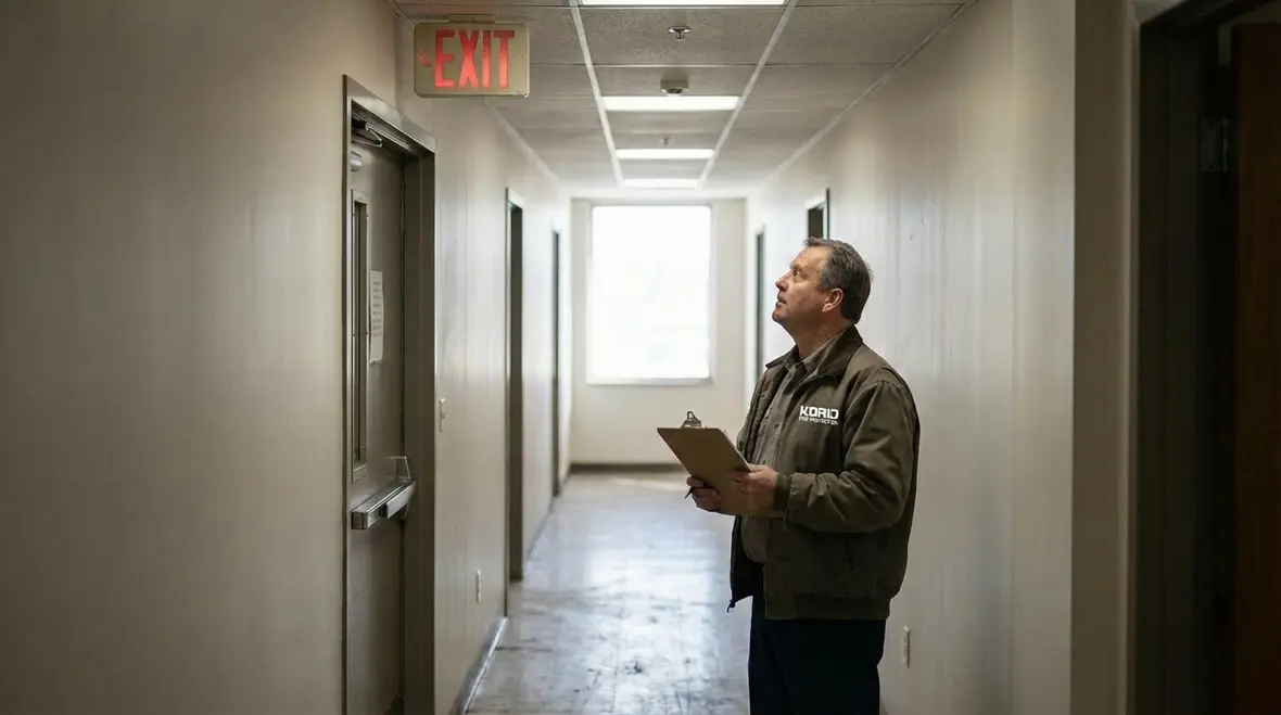 Technician inspecting emergency exit lighting in corridor
