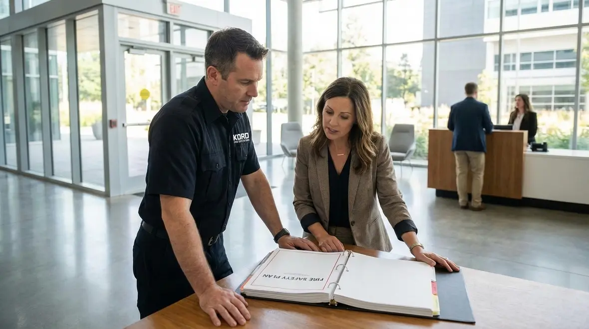 Technician performing commercial fire inspection in Los Angeles
