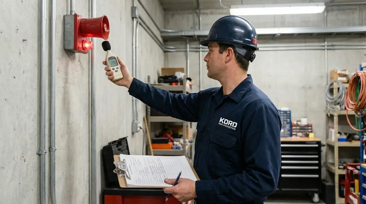 Technician performing ITM fire protection inspection