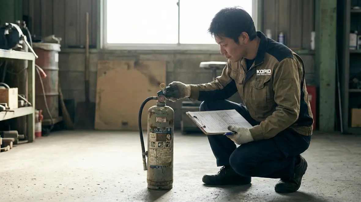 Damaged and worn fire extinguishers showing signs of pressure loss