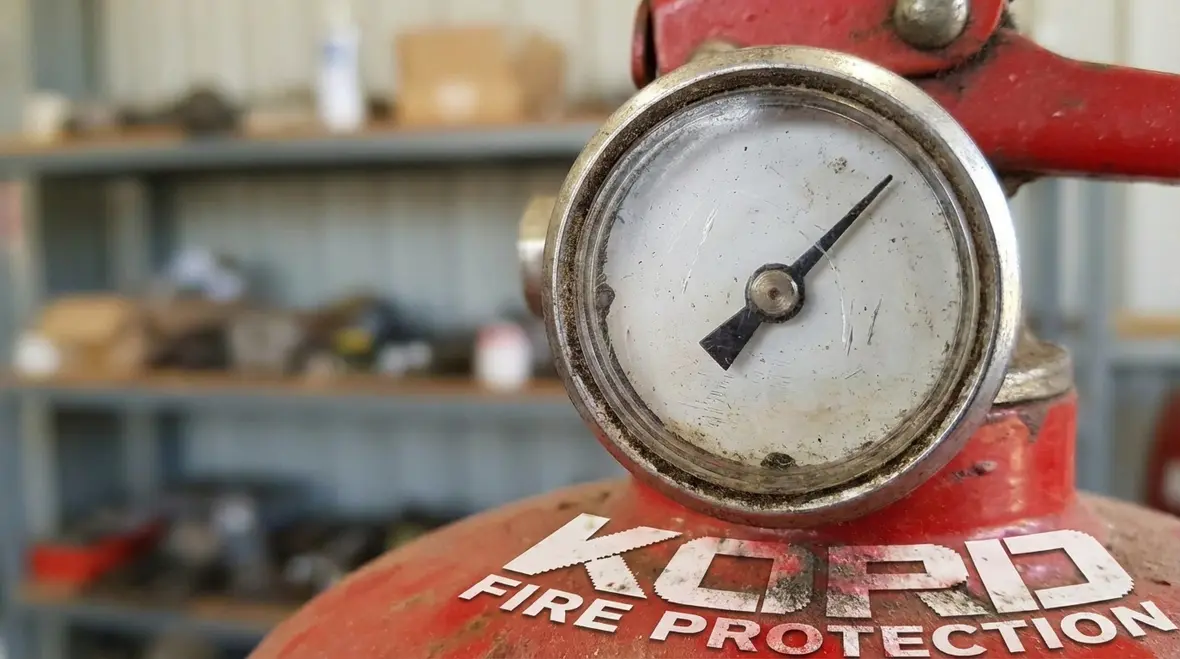 Close-up of a fire extinguisher pressure gauge in the red zone