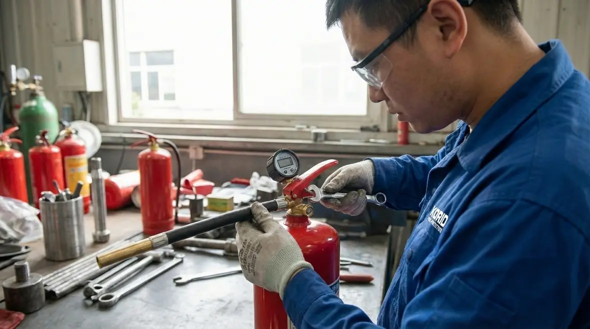 Technician inspecting and servicing a fire extinguisher