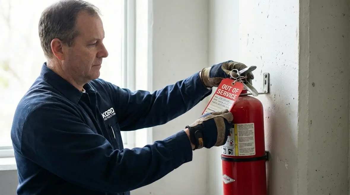 Multiple fire extinguishers lined up for inspection