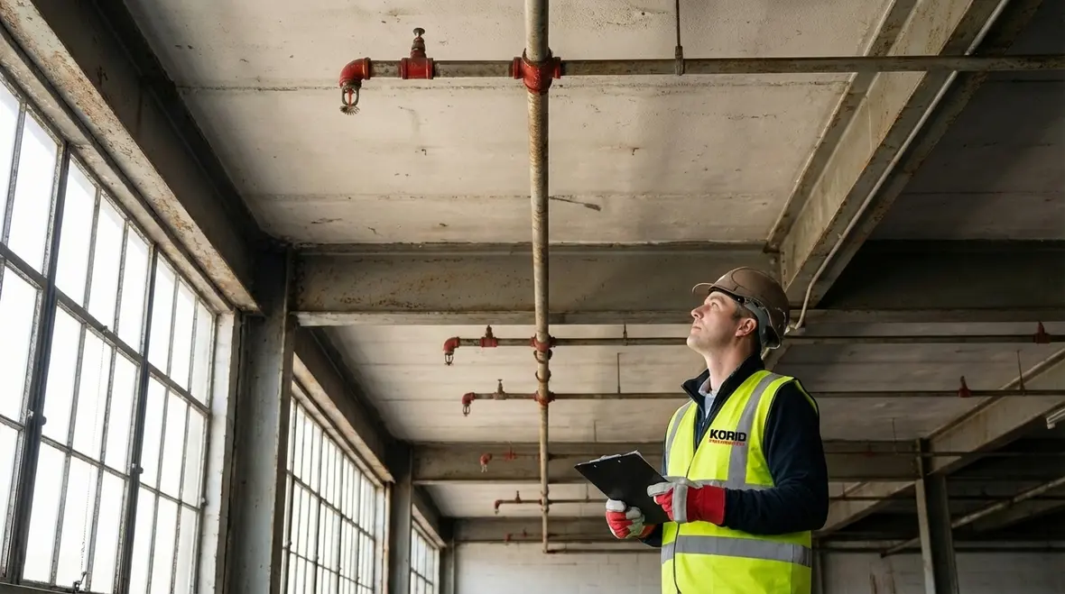 Technician performing fire safety inspection in Corona CA