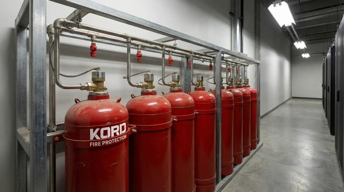 Clean agent discharge nozzles in a server room