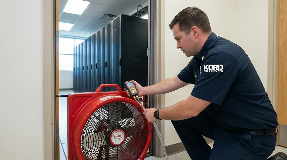 Technician performing testing on clean agent fire suppression in a data center