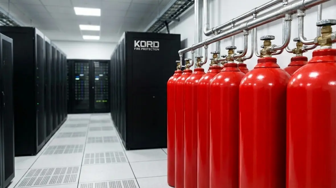 Data center clean agent fire suppression system protecting server racks