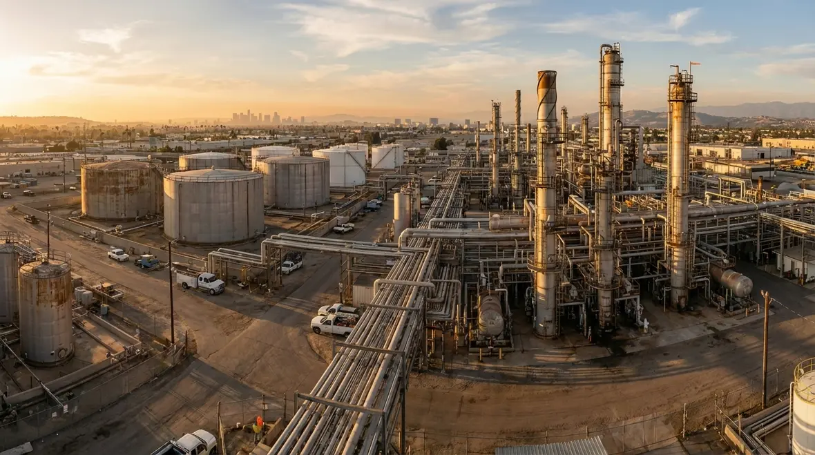 Overhead view of an industrial Los Angeles plant protected by a deluge fire suppression system