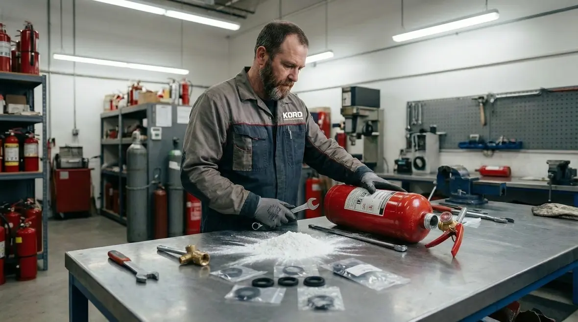 Technician reviewing fire extinguisher maintenance tags