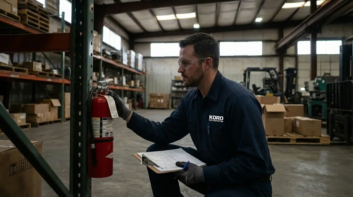 Close up of an older fire extinguisher showing wear