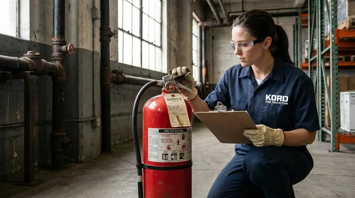 Business owner reviewing fire extinguisher inspection tags