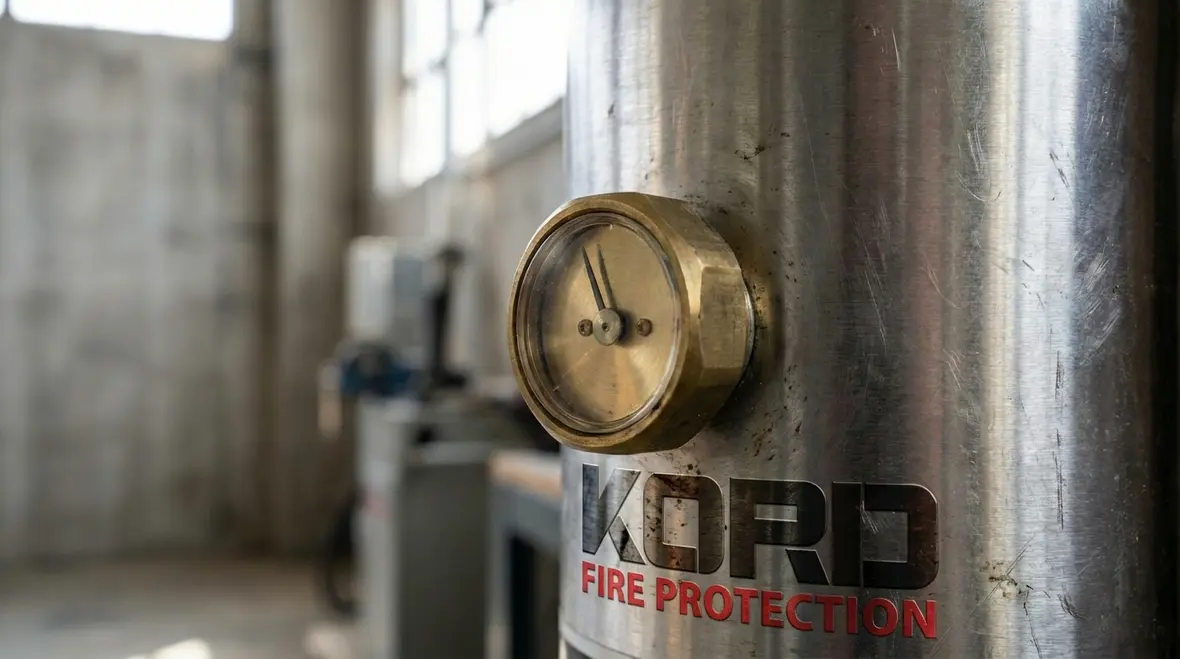 Close-up of a fire extinguisher gauge in the green zone