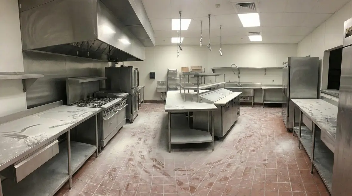 Technicians performing dry chemical fire suppression cleanup in a commercial facility