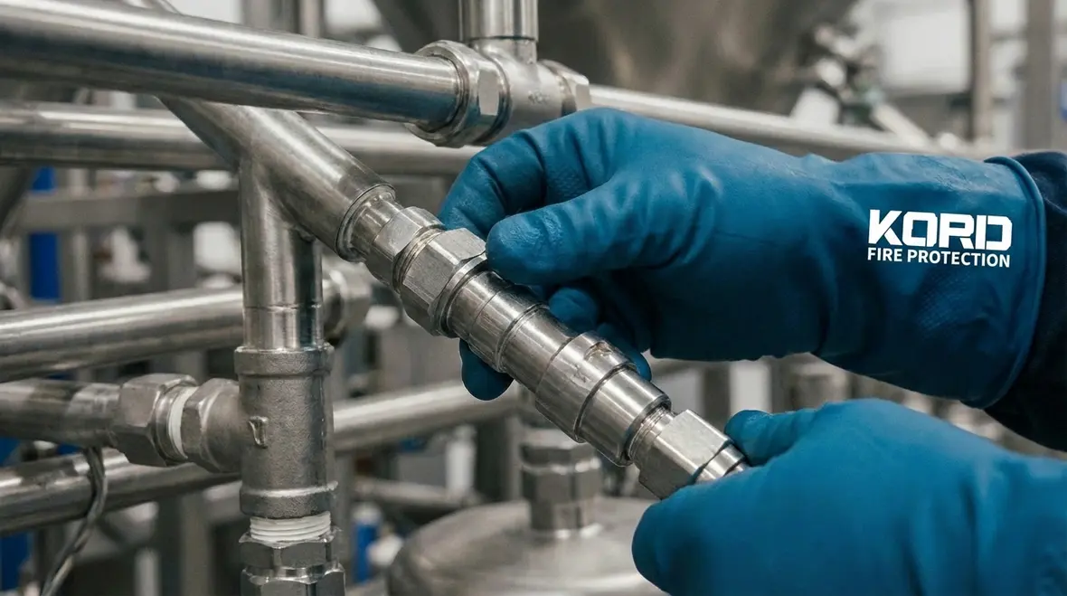 Technician inspecting a dry chemical fire suppression cylinder