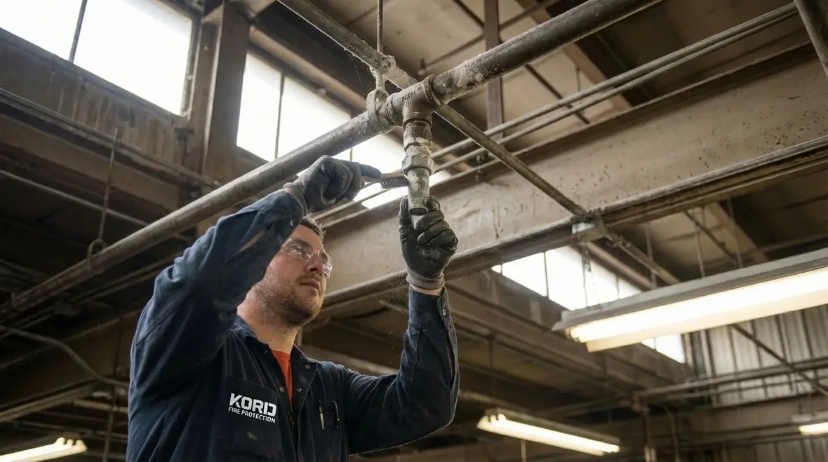 Technician inspecting dry chemical fire suppression control panel and cylinders