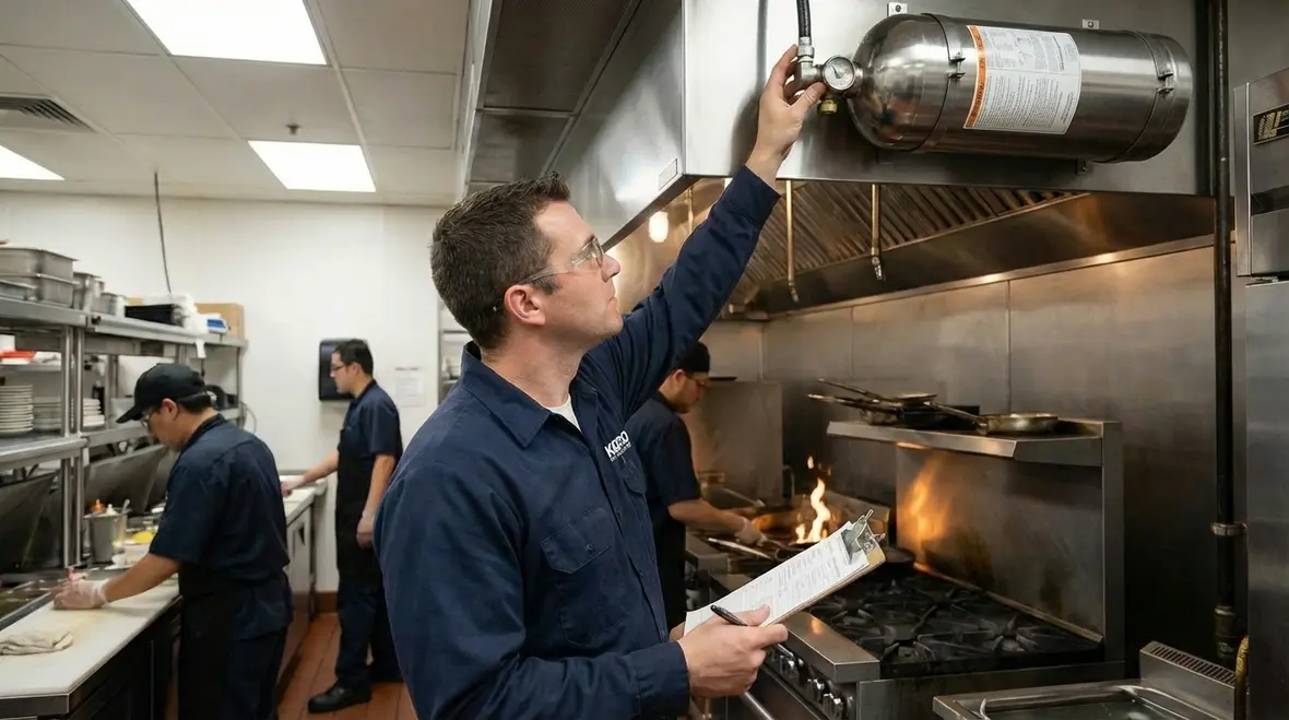 Technician performing a dry chemical fire suppression system inspection