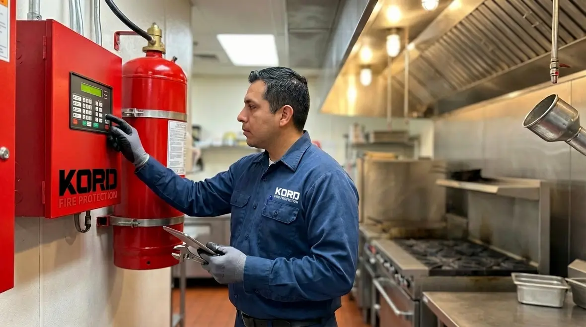 Dry chemical fire suppression system inspection over a commercial kitchen line