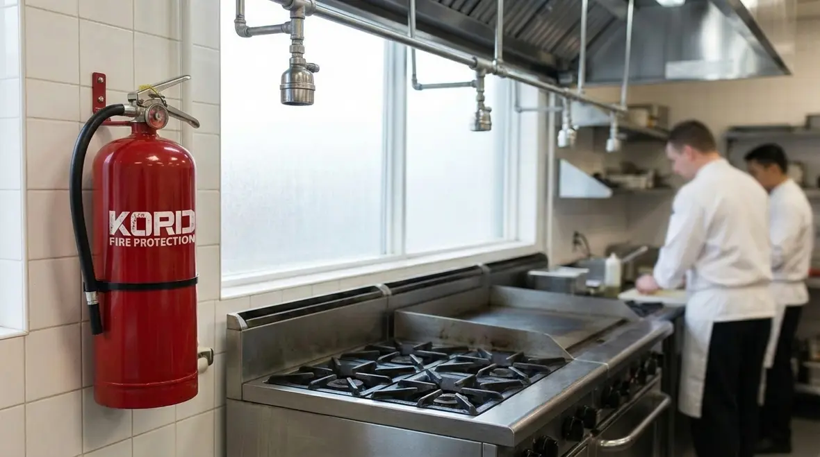 Technician inspecting a dry chemical fire suppression system