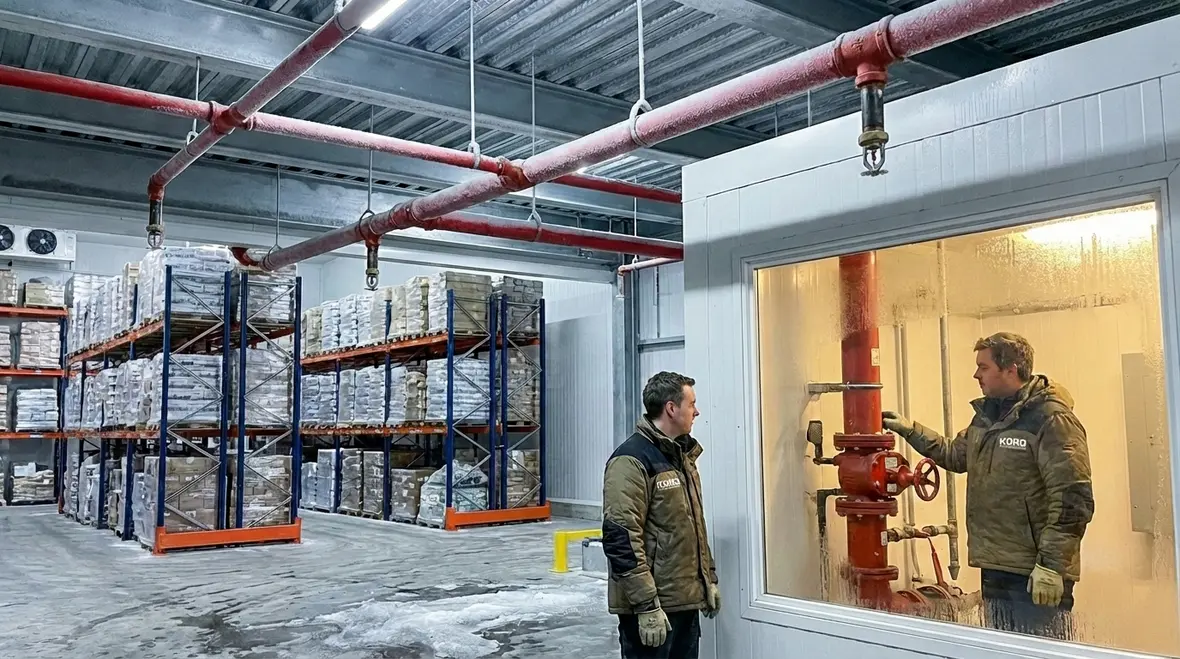 Dry pipe fire sprinkler systems protecting a freezer warehouse in Los Angeles County