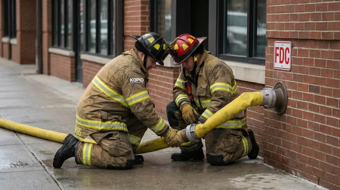 Dry standpipe fire department connection on an exterior wall