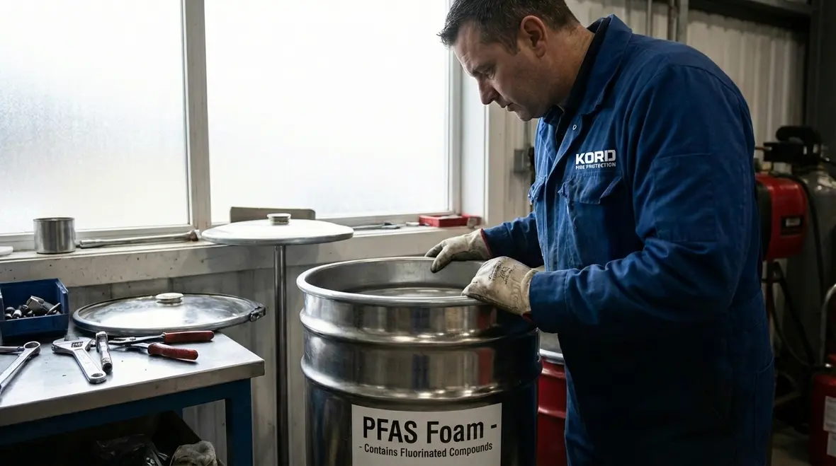 Technician reviewing eco friendly foam fire suppression without PFAS