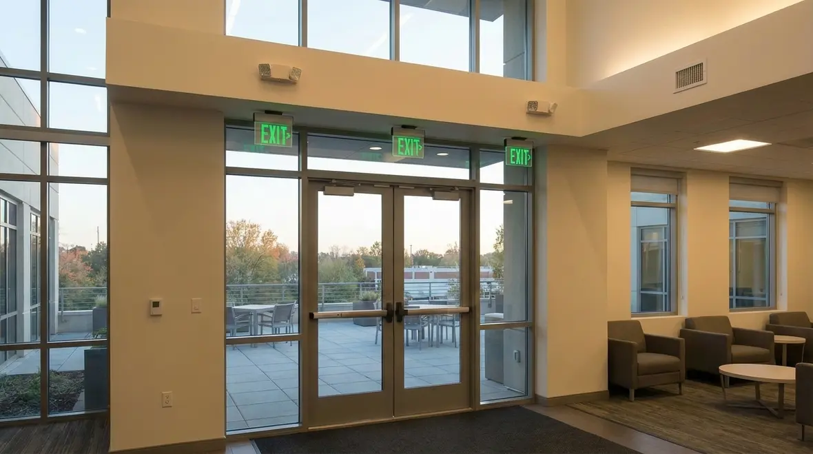 Technician inspecting emergency exit corridor lighting and signage