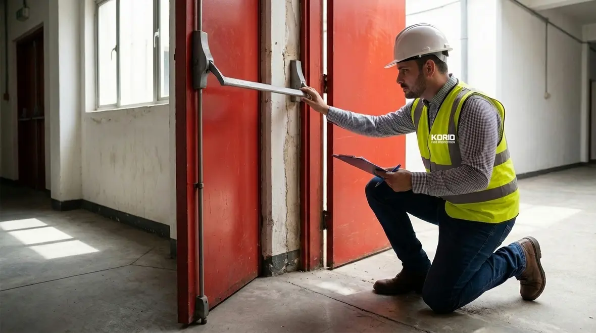 Egress checklist covering doors, emergency lights, and exit signs