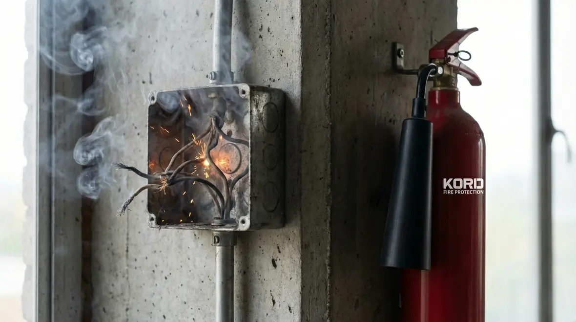 Technician inspecting an electrical fire extinguisher in a server room