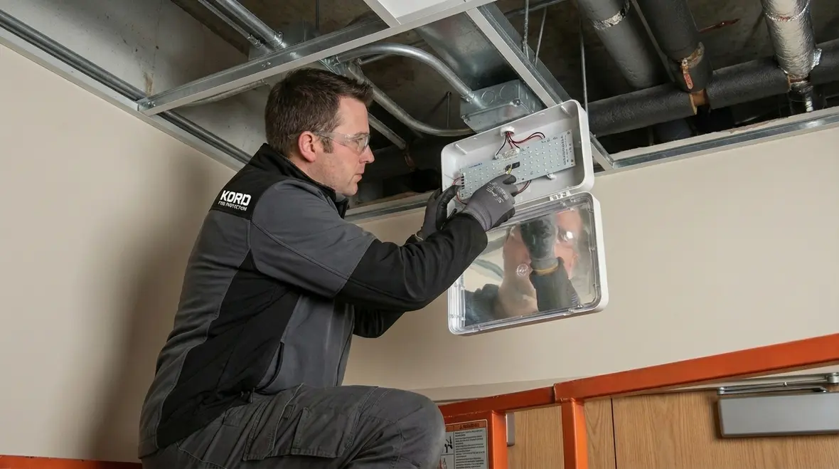 LED emergency lighting fixture mounted above an exit door