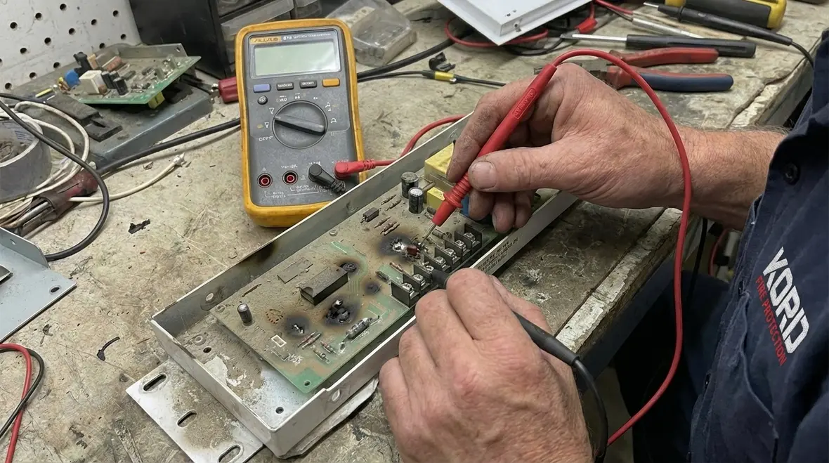 Technician testing emergency lighting charger circuit with a multimeter