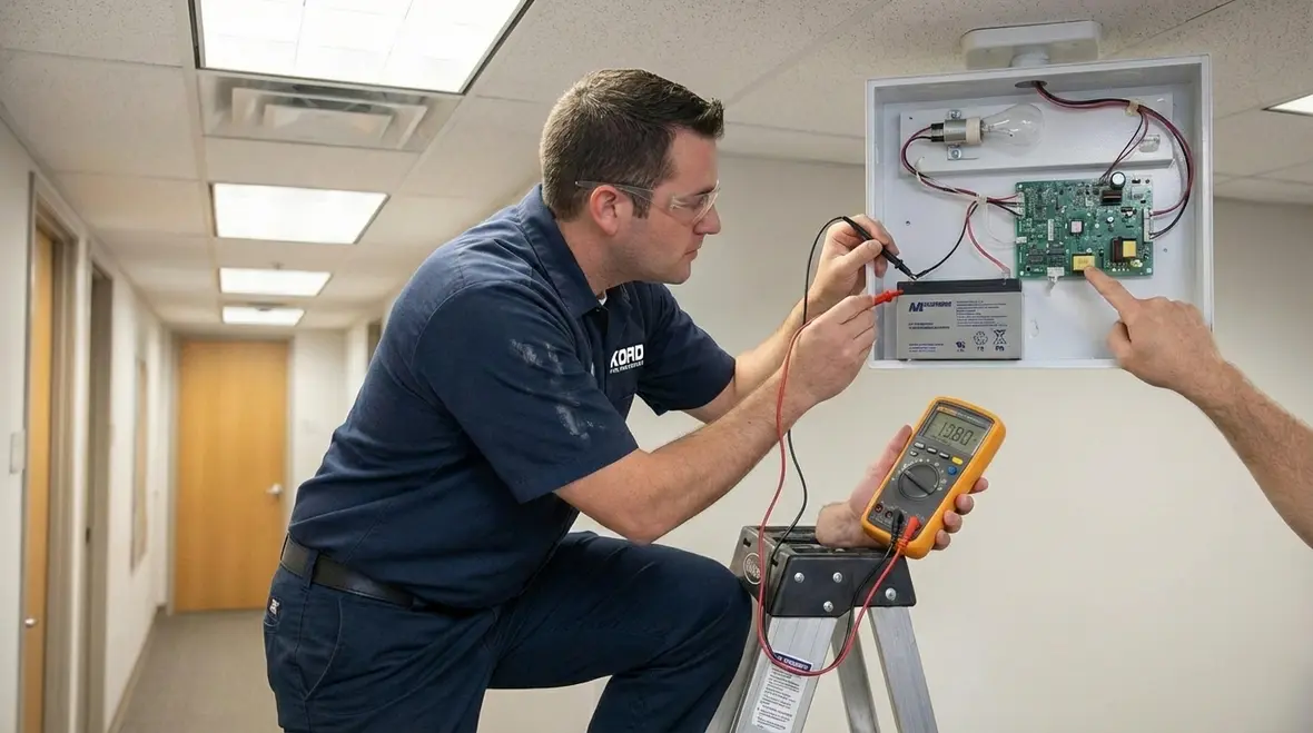 Technician performing emergency lighting repair in a hallway