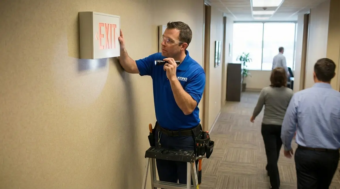 Technician performing emergency lighting service test in a commercial building corridor