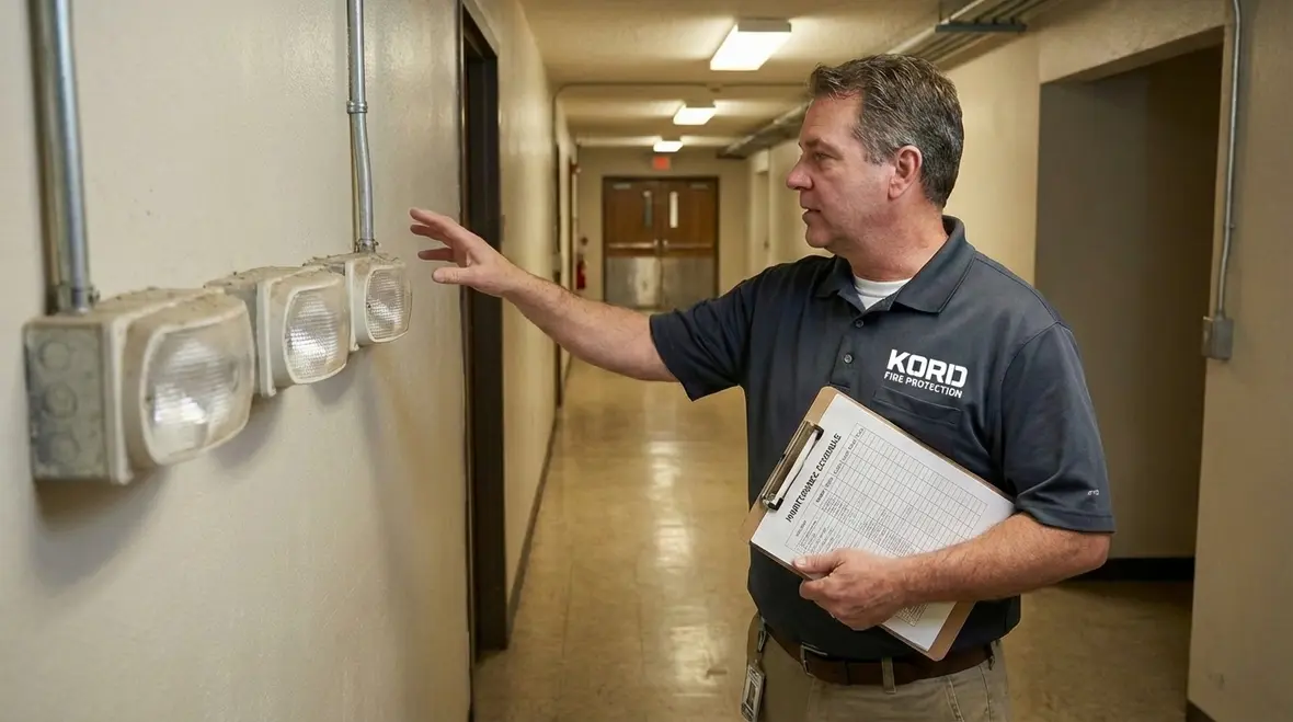 Emergency lighting inspection checklist completed by a fire protection technician