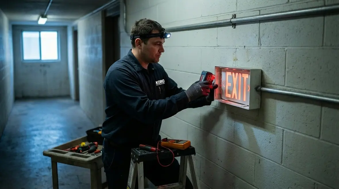 Technician performing exit light battery replacement