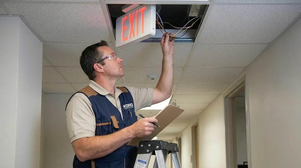 Facility manager checking exit lights during preventive maintenance