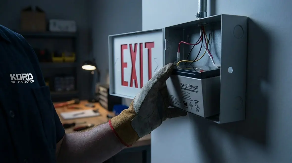 Facility staff performing preventive maintenance on exit lights