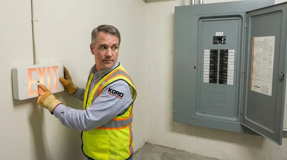 Exit sign wiring and electrical connections being inspected