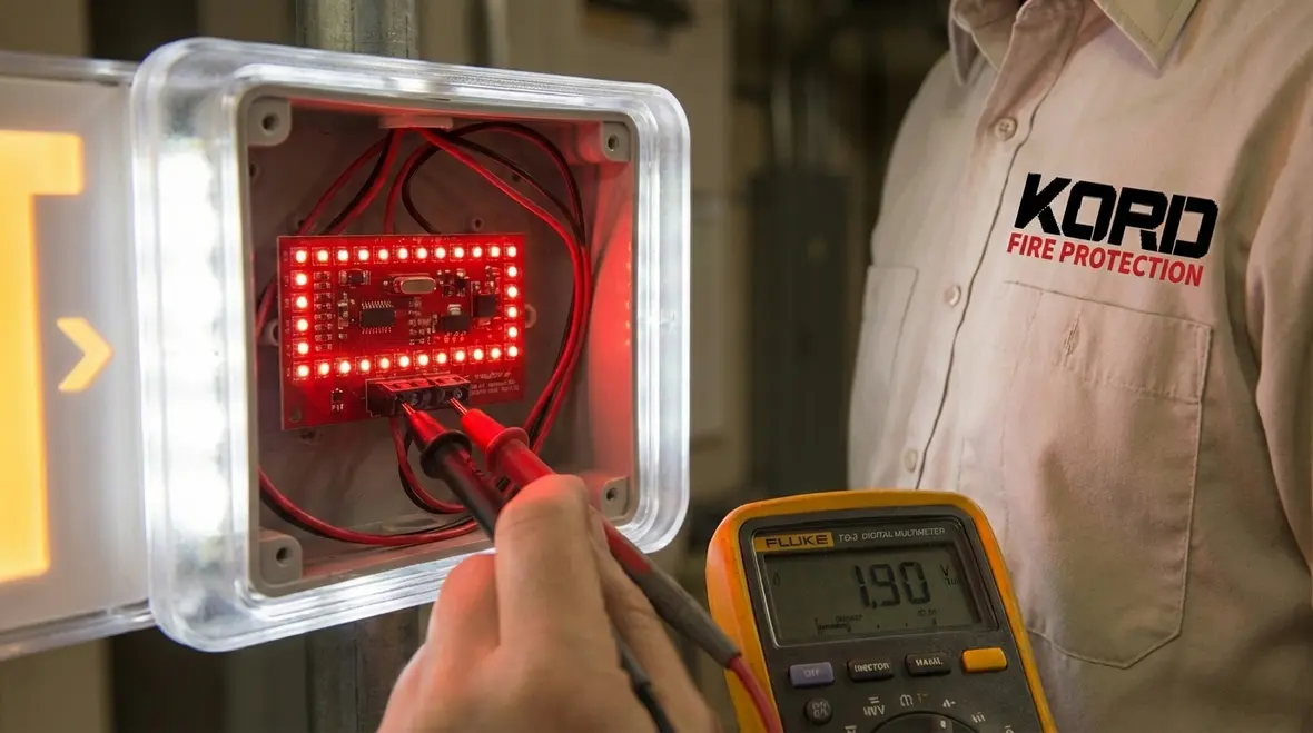 Close-up of an exit sign with indicator lights