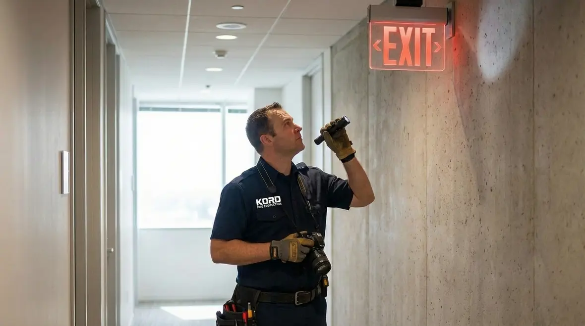 Technician performing exit light inspection