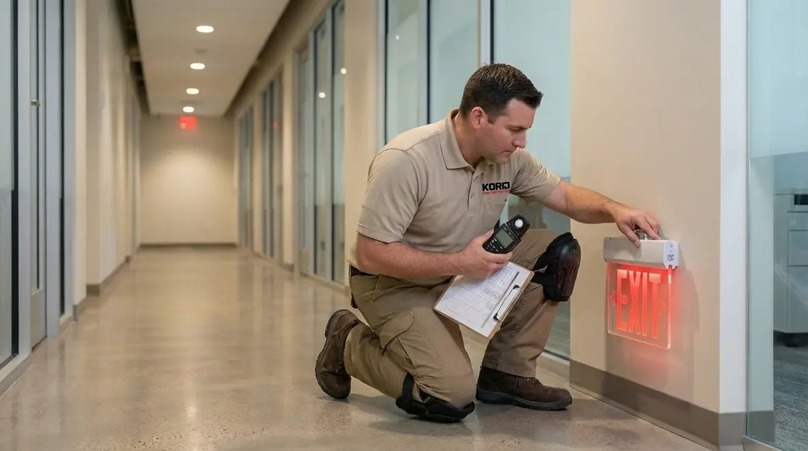 Technician testing exit sign batteries