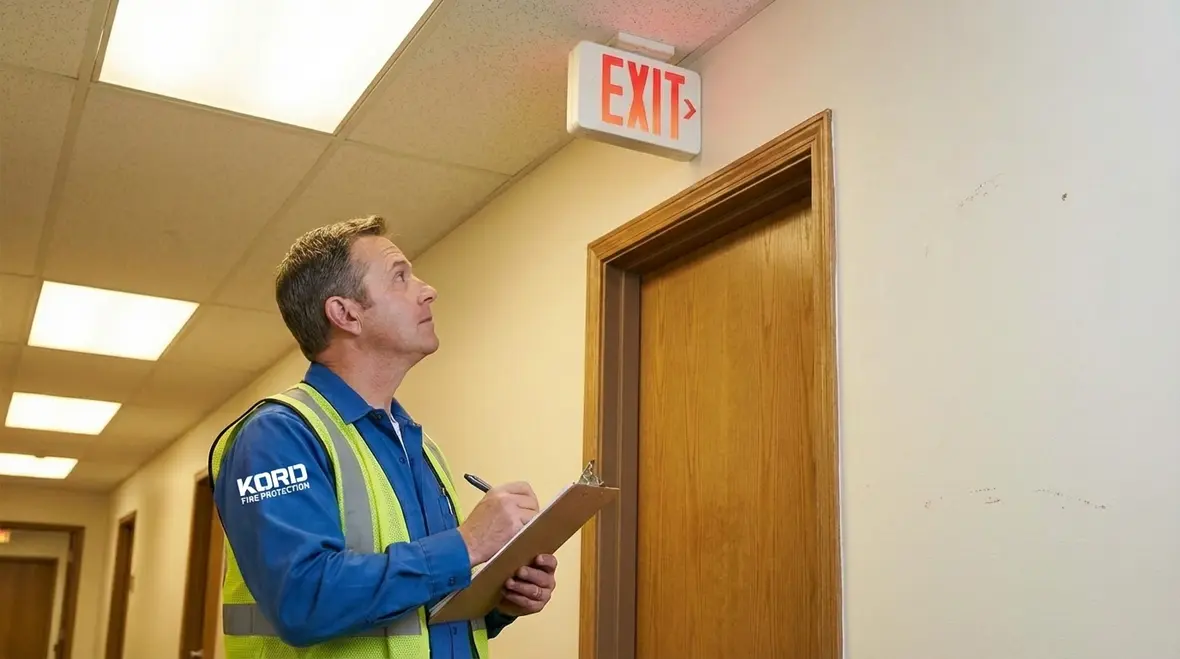 Technician performing exit light inspection in a commercial hallway