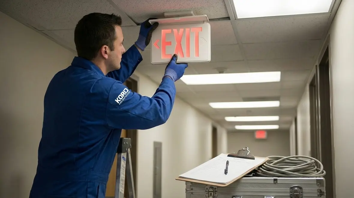 Exit corridor with illuminated exit sign and emergency lighting