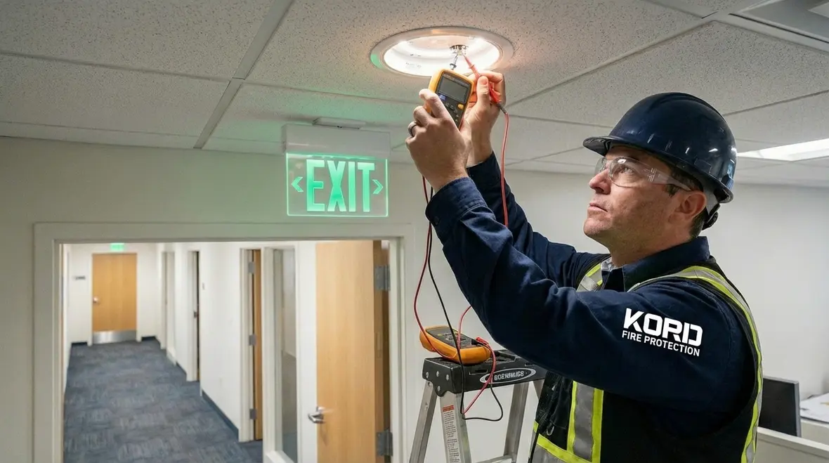 Technician inspecting exit sign and emergency lighting for code compliance