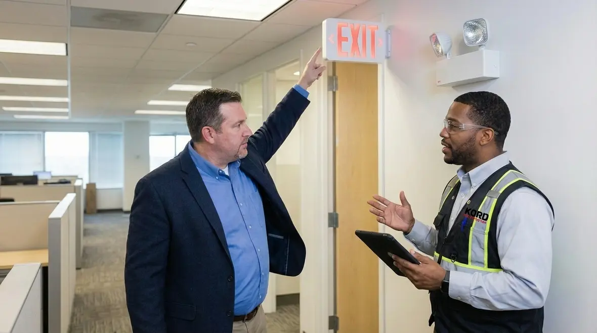 Exit sign and emergency light over door in commercial building
