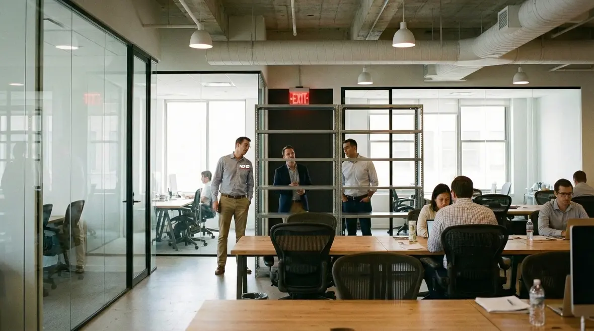 Exit sign illuminated above open office exit