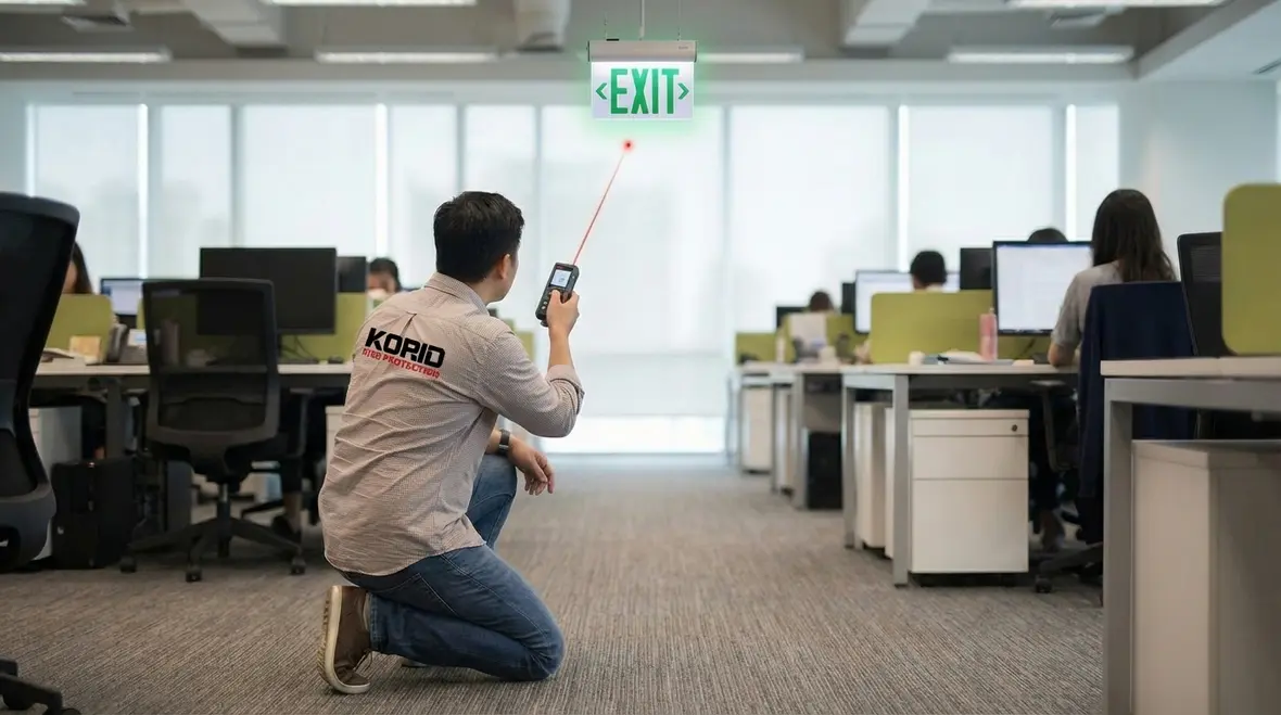 Technician reviewing exit sign placement in open plan office