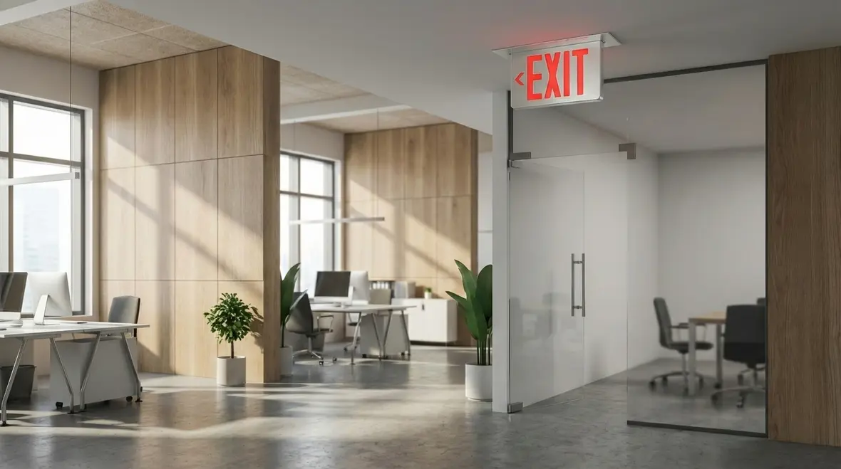 Open plan office exit corridor with clear exit signage